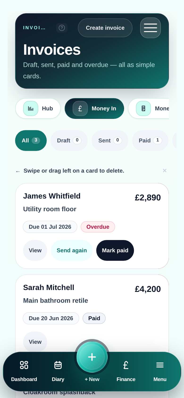 Pro Quoter invoicing app for tradesmen on mobile — invoice raised from job record